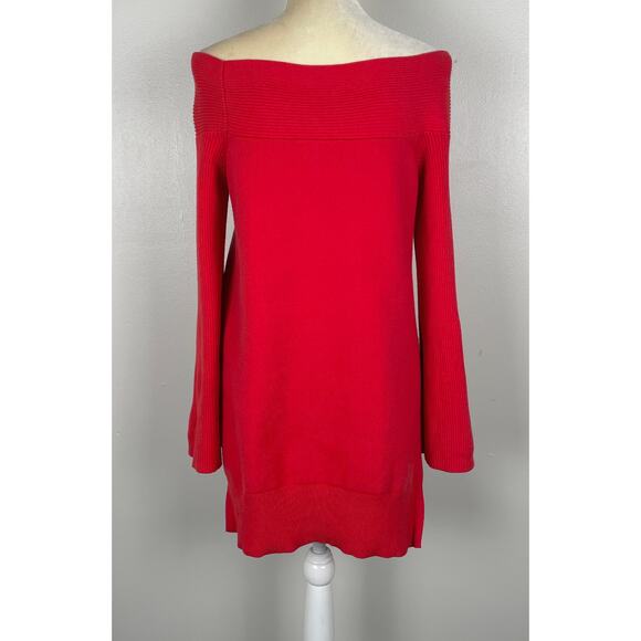 Anthropologie Elise Off Shoulder Bell
Sleeve Tunic Sweater Red Small Holiday - Picture 7 of 11